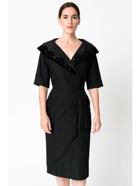 Vintage 1950s Black Cocktail belted Dress w/ Velvet Sequin Collar medium